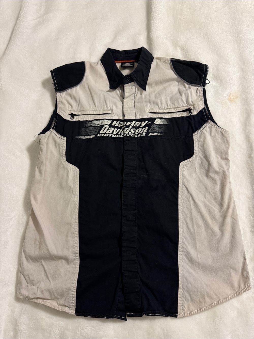Men’s Harley-Davidson Black & Cream Colorblock Sleeveless Button-Up Shirt, Sz L